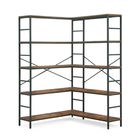 CAPHAUS Corner Bookshelf 5 Tier L-Shaped Bookcase Modern Display Shelf Large Industrial Corner Shelf Stand with Heavy Duty Metal Frame for Living room Home Office Rustic Oak