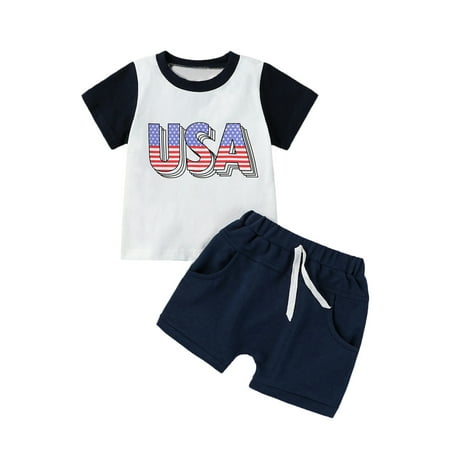 

Qtinghua 4th of July Baby Boy Outfit USA Letter Print T Shirt Tops Elastic Shorts Fourth of July Cute Toddler Summer Clothes
