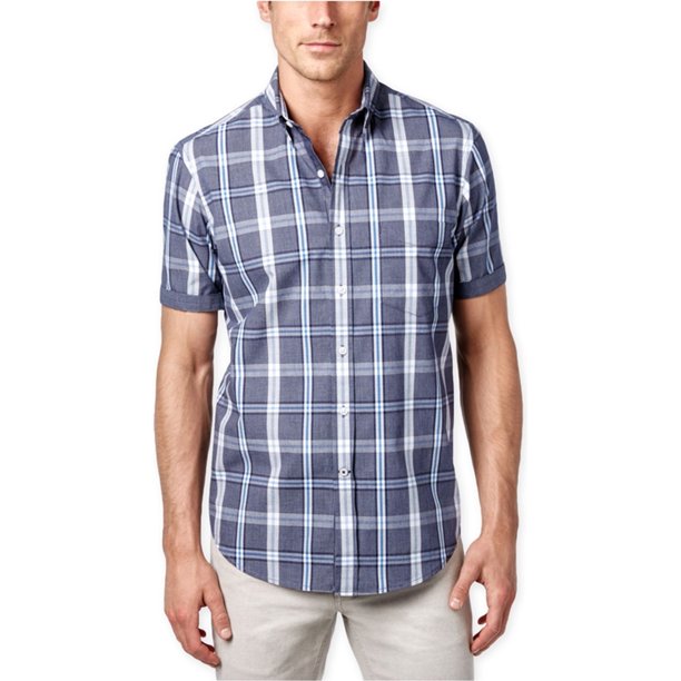 Club Room - Camisa con botones y bolsillo a cuadros para hombre, azul, extragrande Club Room Botones al frente