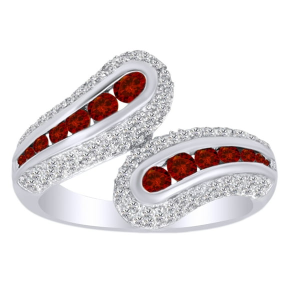AFFY 1.02 Ct Round Cut Simulated Garnet & White Zirconia Bypass Ring in 14k White Gold Over Sterling SilverRing Size - 5.5