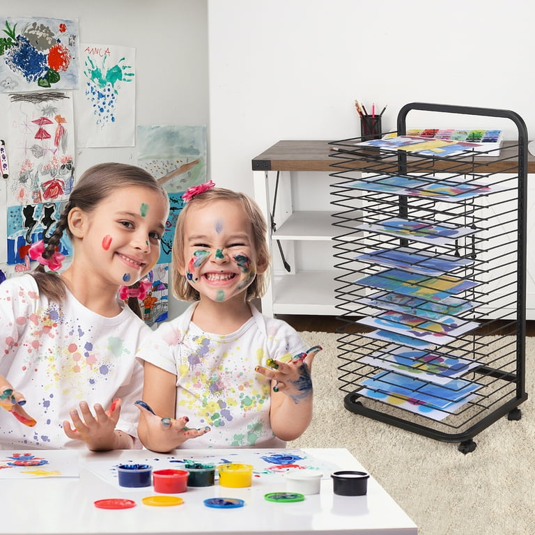 Joymaney New Art Drying Rack for Classrooms, No Shelves Fall Out, 25 Removable Shelves, Mobile, Sturdy Metal, Ideal for Schools,Art, Preschool;