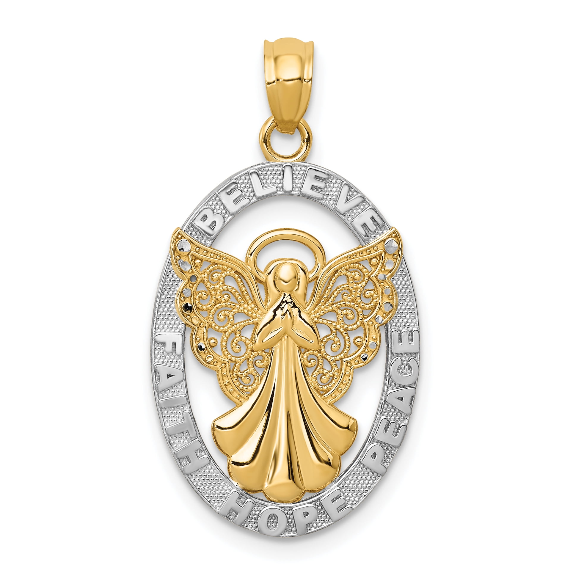 14k Yellow Gold Believe Peace Faith Hope Angel Pendant Charm Necklace