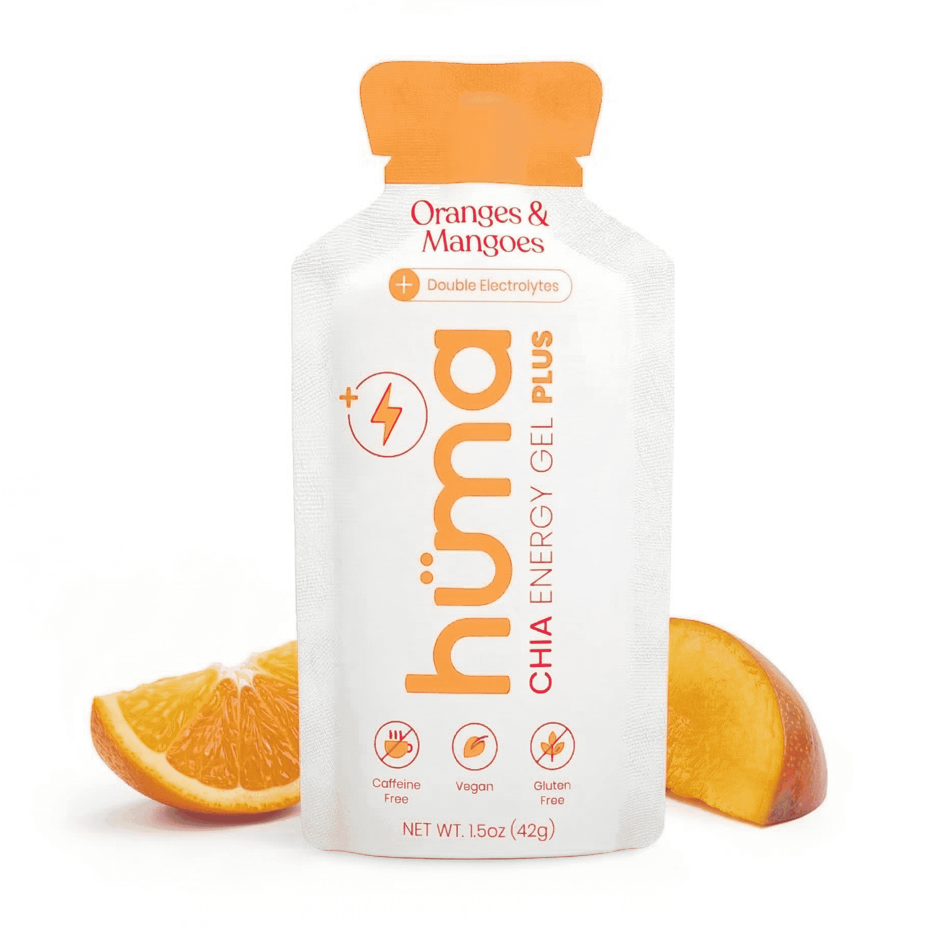Huma Plus - Chia Energy Gel, Oranges & Mangoes, 12 Gels - Double Electrolytes, Real Food, Stomach Friendly Energy Gels