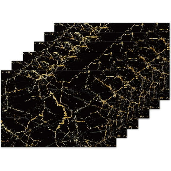 Placemats Set of 6, Black Gold Marble Texture Linen Place Mats,Modern Washable Table Placemats 12"x18" Heat Resistant Table Mats for Dining Kitchen Party Holiday Decoration