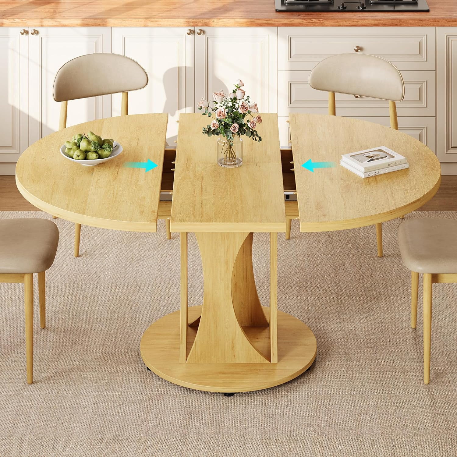 Virans 43.3"-59" Extendable Round Dining Table for 6-8,Kitchen Table with MDF,Modern Dinner Table for Dining Rooms,Living Rooms,Natrual