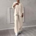 thumbnail image 4 of vigerkar Linen Two Piece Set Women Pants Casual Outfits Wide Leg Pants Long Sleeve Button Down Shirt Lounge Streetwear Sets Khaki, S, 4 of 9