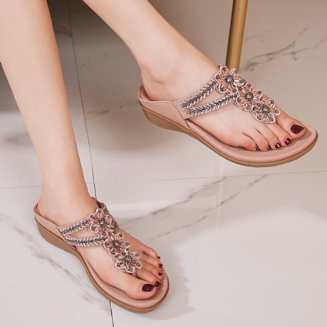 LSLJS Sandales Rétro pour Femmes à Fleurs Perlées avec Strass Grande Taille Mode Polyvalentes Douces et Confortables, Pantoufles pour Femmes