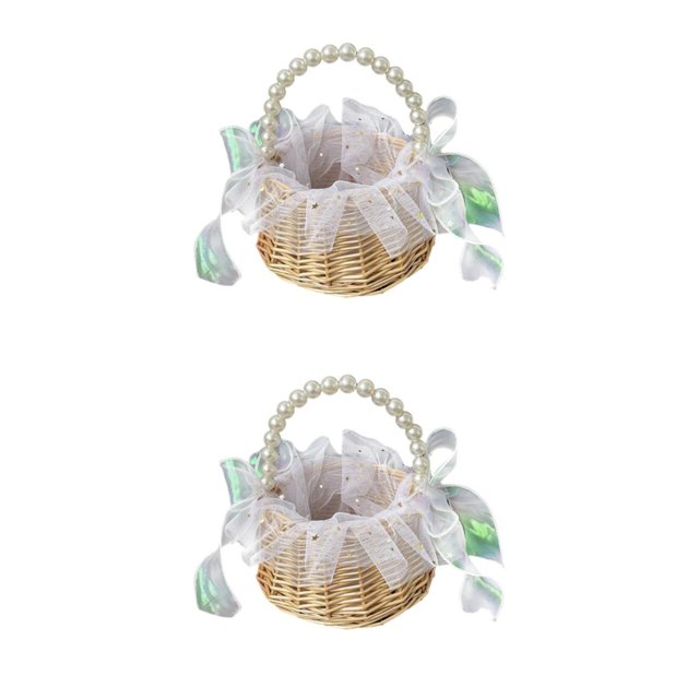 Moyic Cesta de flores con mango de perla para dama de honor, cesta de flores portátil para fiesta de boda, diseño Simple, cestas tejidas Type3 NO3