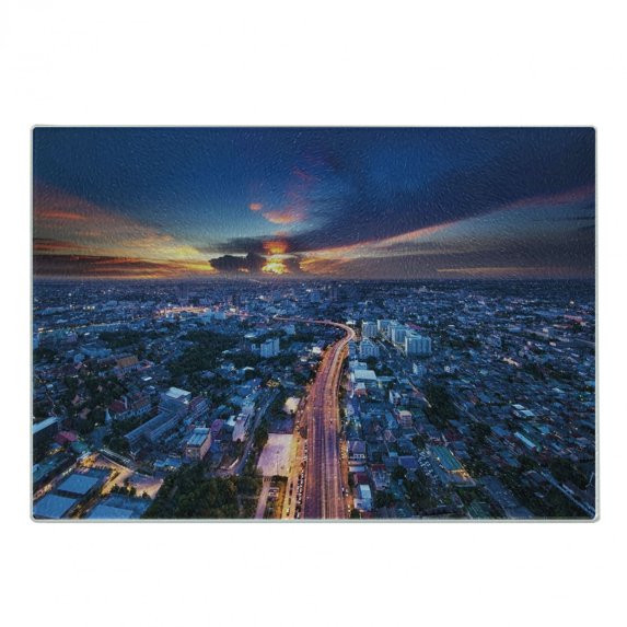 Urban Cutting Board, Bangkok Skyline at Sunset Evening Thailand Cityscape Metropolis Architectural Photo, Decorative Tempered Glass Cutting and Serving Board, Small Size, Blue Coral, by Ambesonne