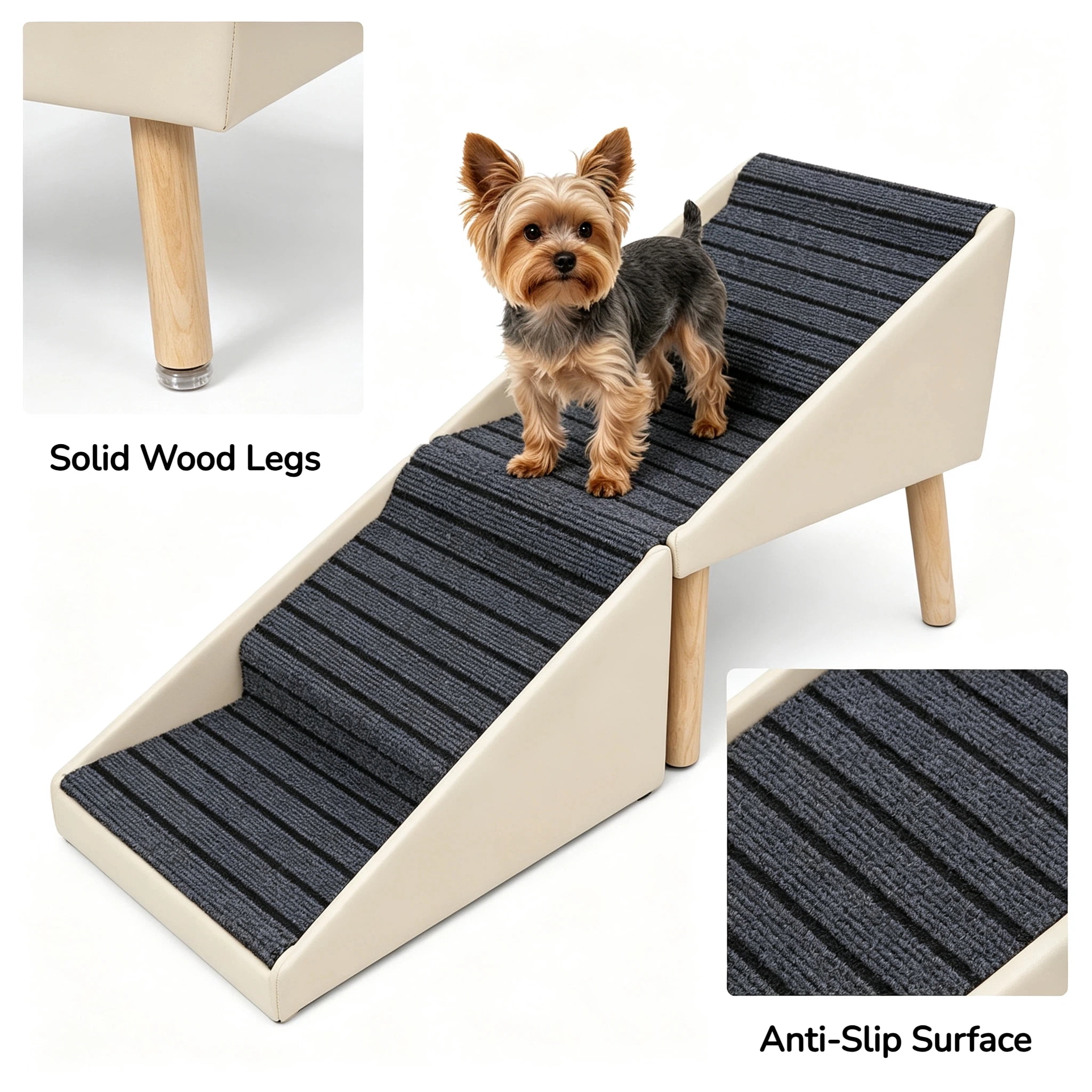 2-in-1 Dog Stairs for Bed and Couch 18.89" Foldable Dog Ramp for Couch 4 Pet Steps & Ottoman for Small Dogs, Beige