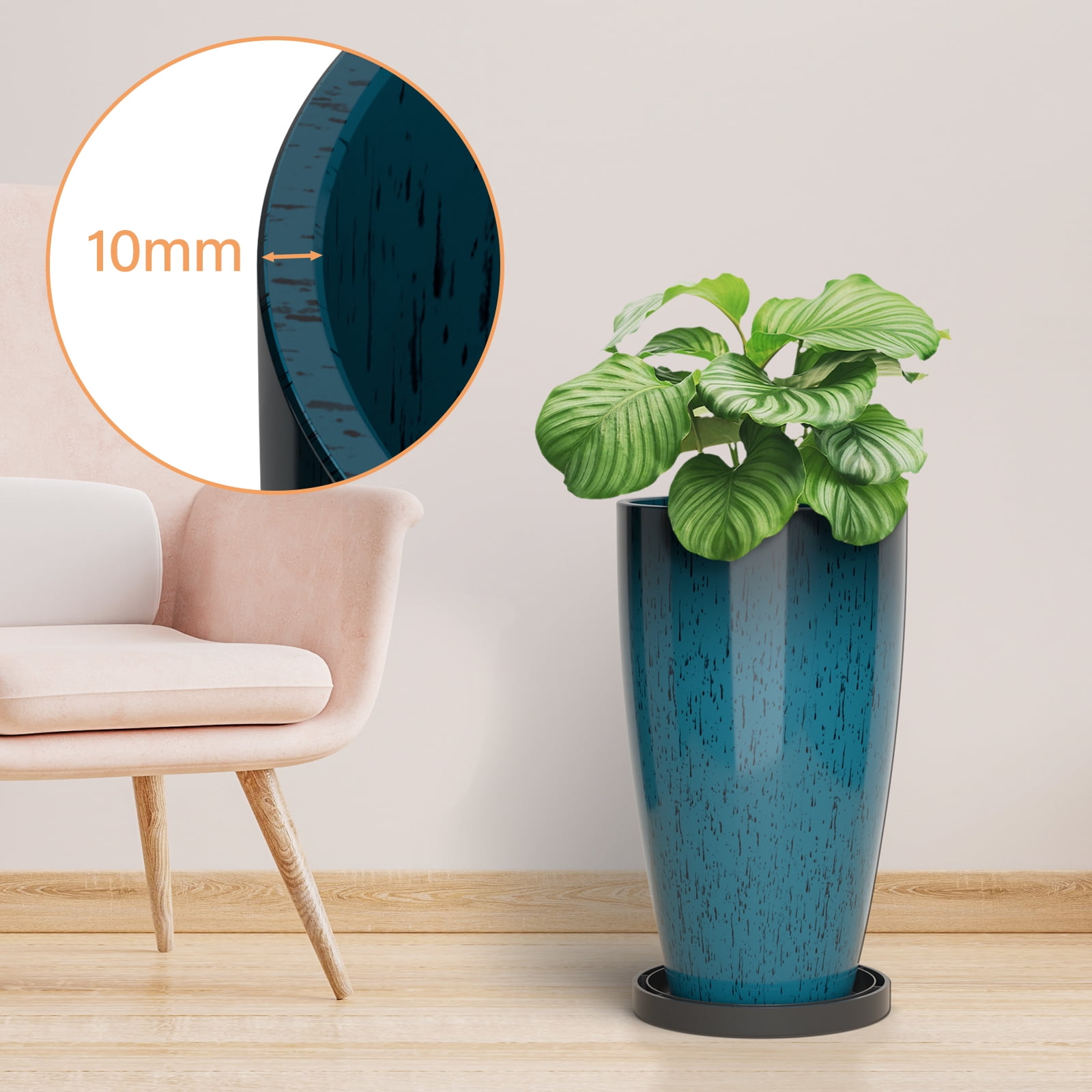 FIASON 2 Pack 21 Inch Dark Teal Blue Gradient Tall Plastic Planters, 10mm Thick Glossy Speckled Finish with Drainage Holes & 2-in-1 Saucer, Indoor Outdoor Planters for Front Porch Patio