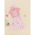 thumbnail image 3 of Bslissey Toddler Little Girls Summer 3Pcs Outfits Short Sleeve Letter Patch T-shirt + Checkerboard Flare Pants + Headband 18M 24M 3T 4T 5T 6T Kids Casual Long Pants Sets, 3 of 9
