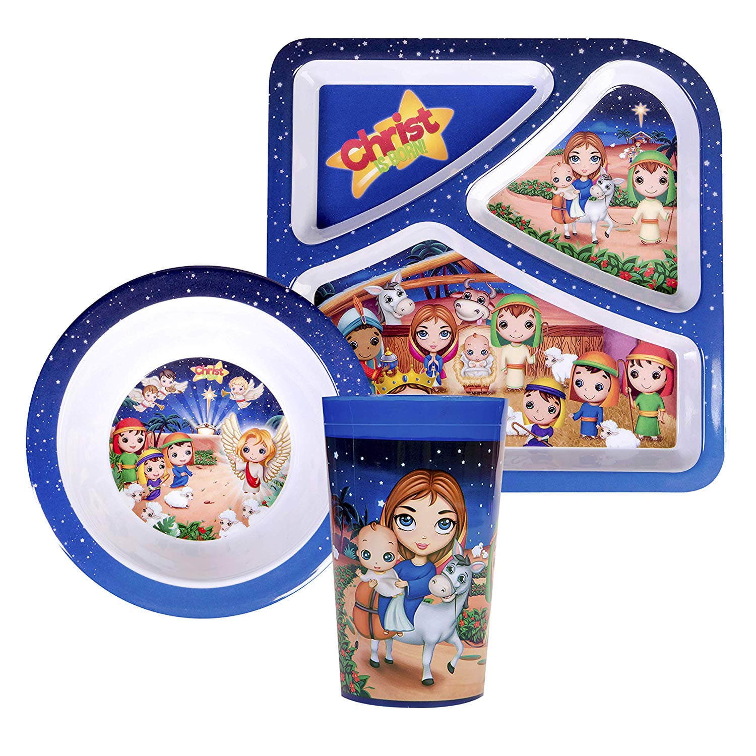 He Loves Me Christmas  Kids Feeding Christ is Born 3 Piece Set Toddler Dishes, BPA Free, Kids Dinnerware Includes Bowl, Divided Plate and Children’s Cup Gift for Birthdays, Graduations and Christmas