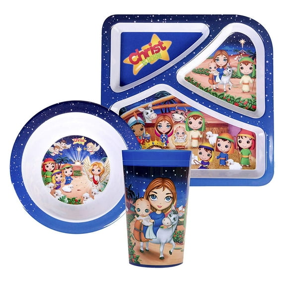 He Loves Me Christmas Kids Feeding Christ is Born 3 Piece Set Toddler Dishes, BPA Free, Kids Dinnerware Includes Bowl, Divided Plate and Children’s Cup Gift for Birthdays, Graduations and Christmas