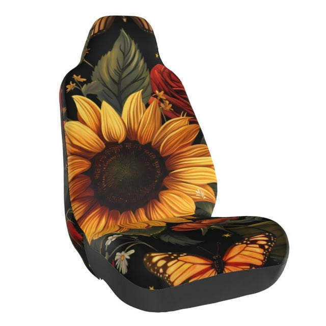 Wukai Sunflower Floral Butterfly Full Set Car Seat Covers with Soft Padding Universal Auto Front Seats Protector and Cushion Mat
