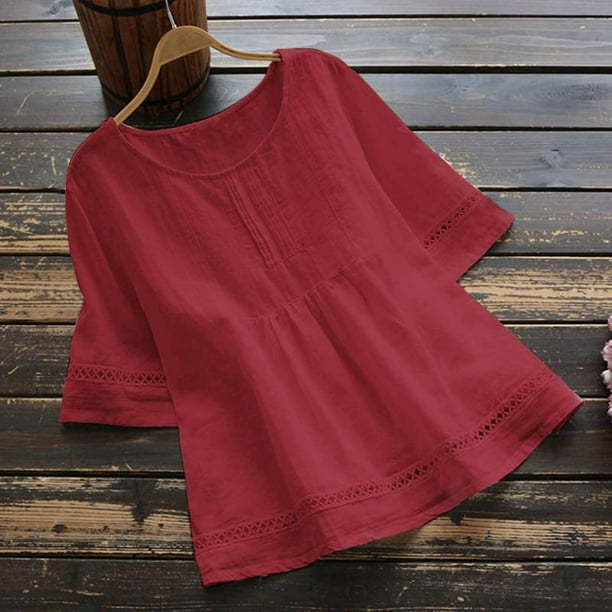 ICHUANYI Clearance Women's Casual Round Neck Half Sleeve Solid Loose Shirt Hallow Out Cotton And Linen Blouse Tops(Red, M) ICHUANYI WER2023080917000