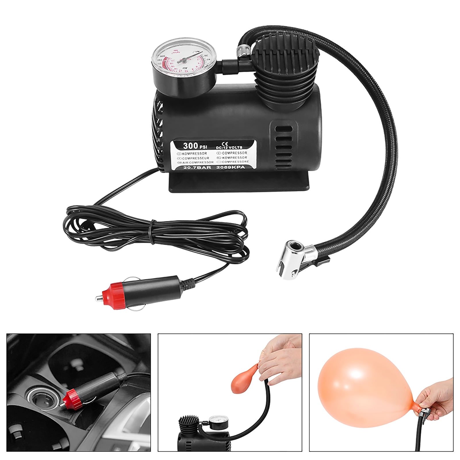 Air Compressor Pump, Car Air Pump Portable Tire Inflator Pump + Gauge 12V  300 PSI Tire Pump for Car, Truck, Bicycle, and Other Inflatables 