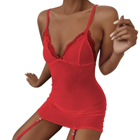 

Womens Lingerie Slip Sleep Dress Deep V Neck Lace Splicing Hollow Out Mini Nightdress