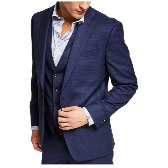 Bar Iii Mens Slim fit Suit Jacket Blazer 46 R Navy Blue Plaid Stretch