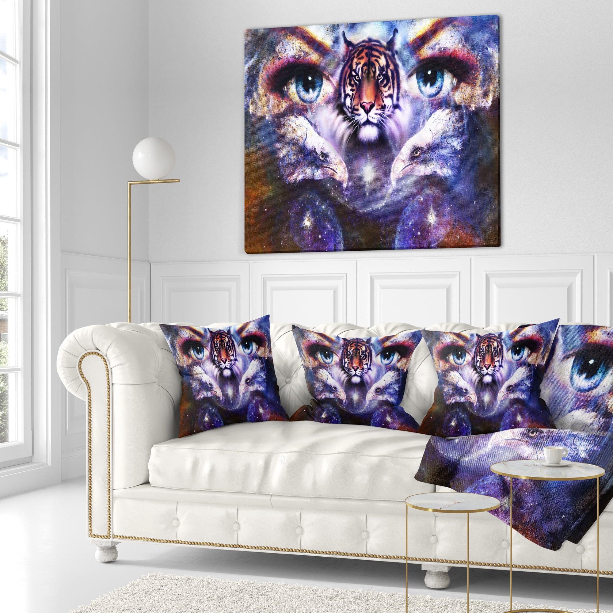 Designart Tiger Eagles and Woman Eyes Collage - Animal Throw Pillow - 18x18