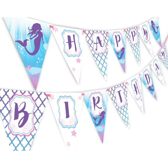 Mermaid Happy Birthday Banner Pennant - Under the Sea Banner - Purple