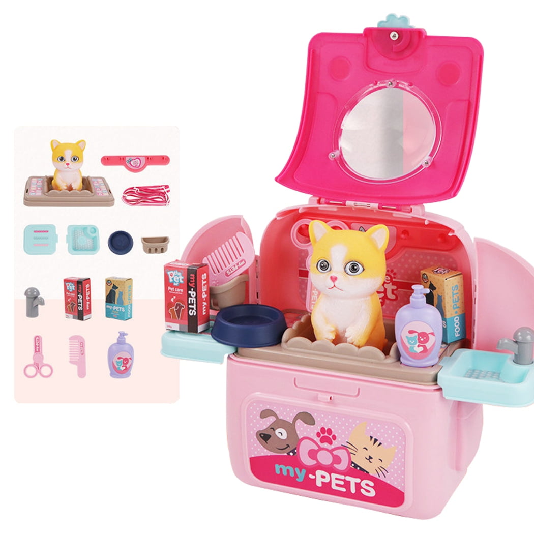 Kids Pet Care Playset Faux Cat Dog Veterinarian Toy Backpack Pretend