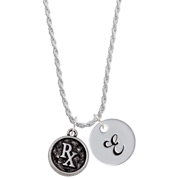 Delight Jewelry Silvertone Medical Caduceus Seal - Rx Silvertone Script Initial Disc - E - Charm Necklace, 20"+3"