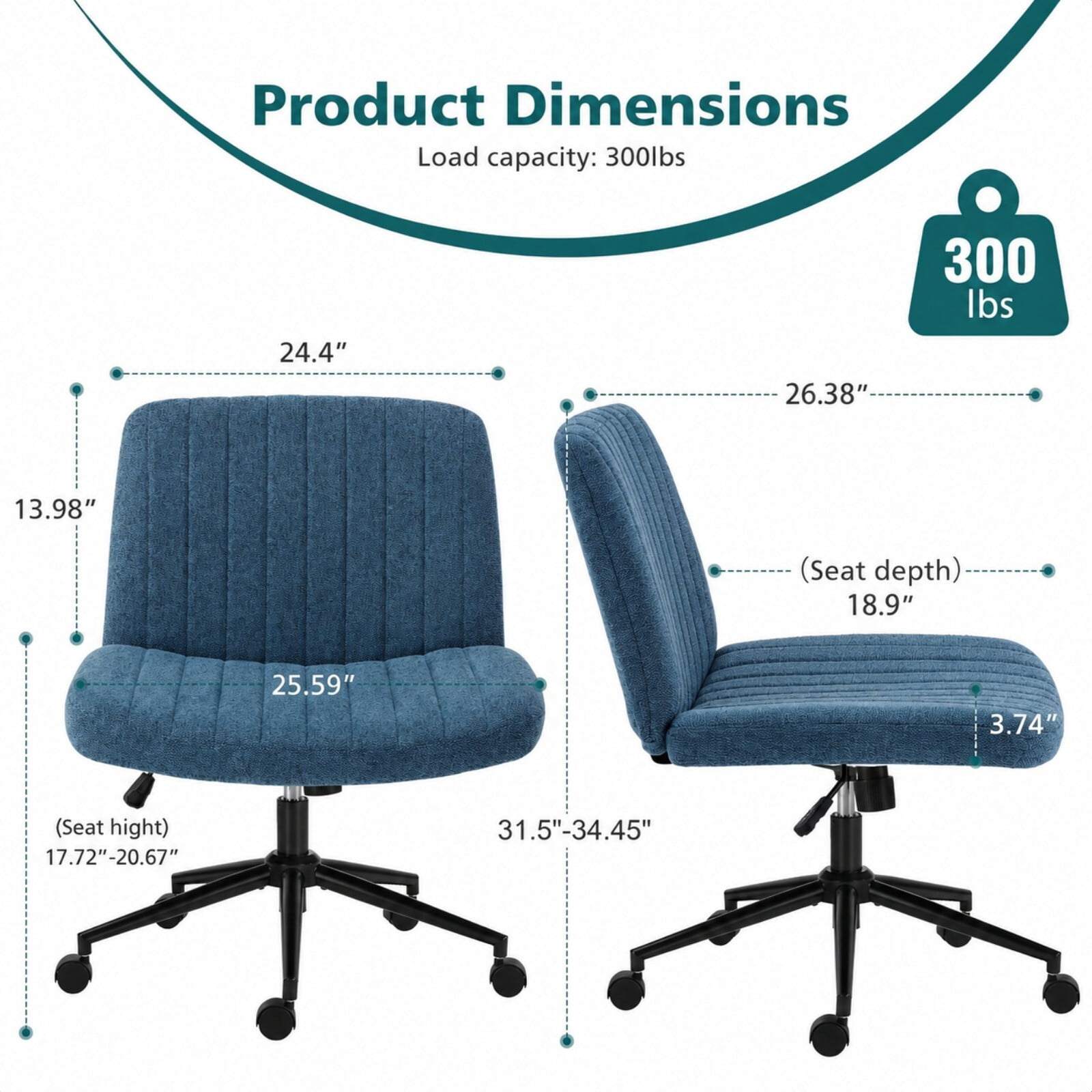Kelno Armless Criss Cross Office Chair with Wheels 300lb Capacity Wide Seat Cross Legged Desk Chair Height Adjustable Swivel Vanity Chair, Blue Linen