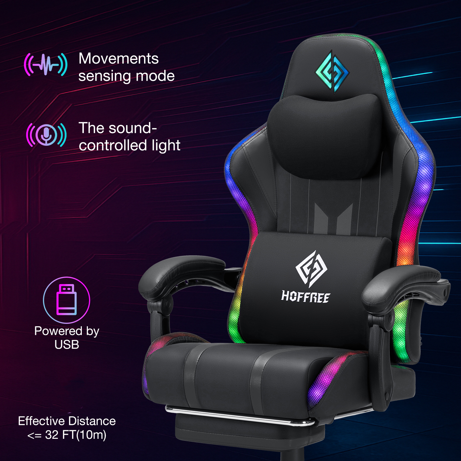 HOFFREE Massage Gaming Chair with Speakers, Leather Game Chair with Bluetooth and Music Rhythm RGB Lights, Big and Tall Gamer Chair with Footrest for Adults, Ergonomic Video Game Chair with Headrest