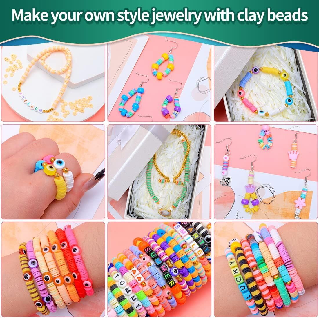 6000 Pcs Clay Beads Bracelet Making Kit, Round Letter Beads with Charm and Elastic Strings, Friendship Bracelets Holiday Gifts for Girls Adults