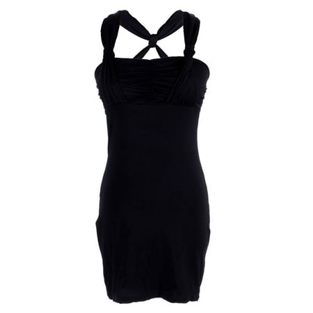 Gathered Empire Bodice - S/M Fit Black Twist Racer Back Gathered Ruche Bodice Knot Detail Dress