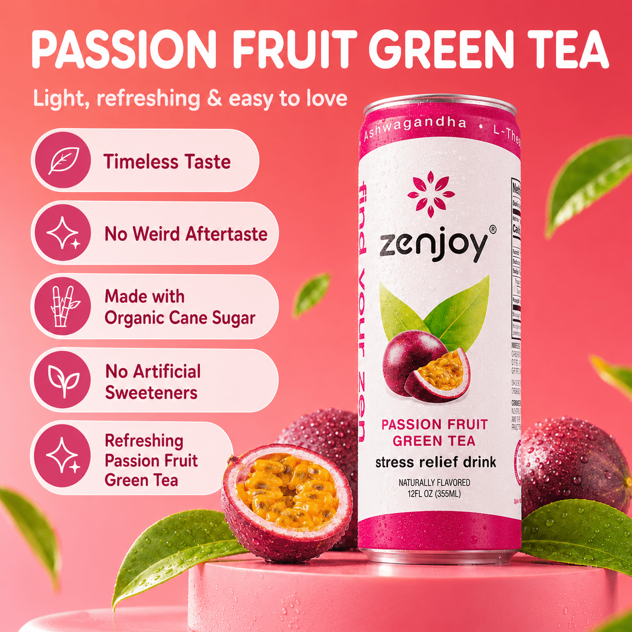 Zenjoy Stress Reief Drink, Calming Green Tea, Non Alcoholic, Ashwagandha & Lemon Balm for Stress Relief, L - Theanine for Focus (12 Pack) (Passion Fruit))