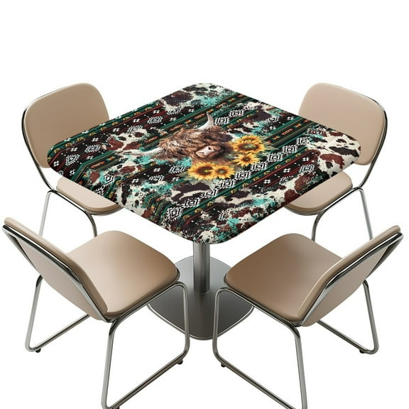FKELYI American Tribal Sunflower Highland Cow Print Square Tablecloth Outdoor Table Cover with Elastic Edge Square Fitted Table Cloths for Kitchen Dining Room Decoration, 34x34 inch