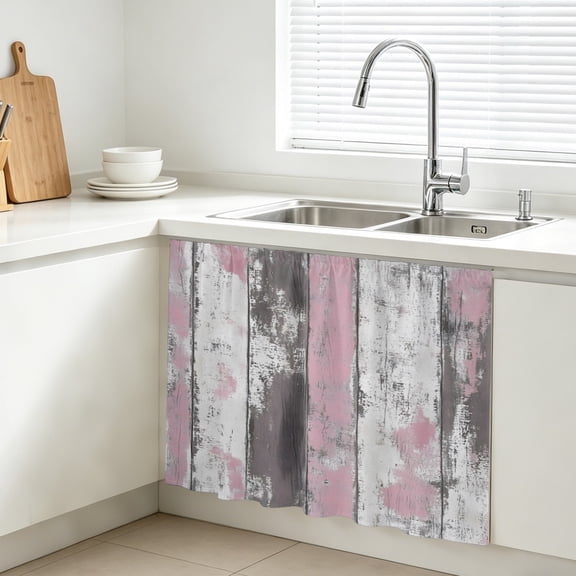Abstract Rustic Wooden Cabinet Curtain, Ombre Pink Gray White Sink Skirt for Bathroom, Under Sink shelf Curtain Privacy Drape for Kitchen Laundry Room 28x35in