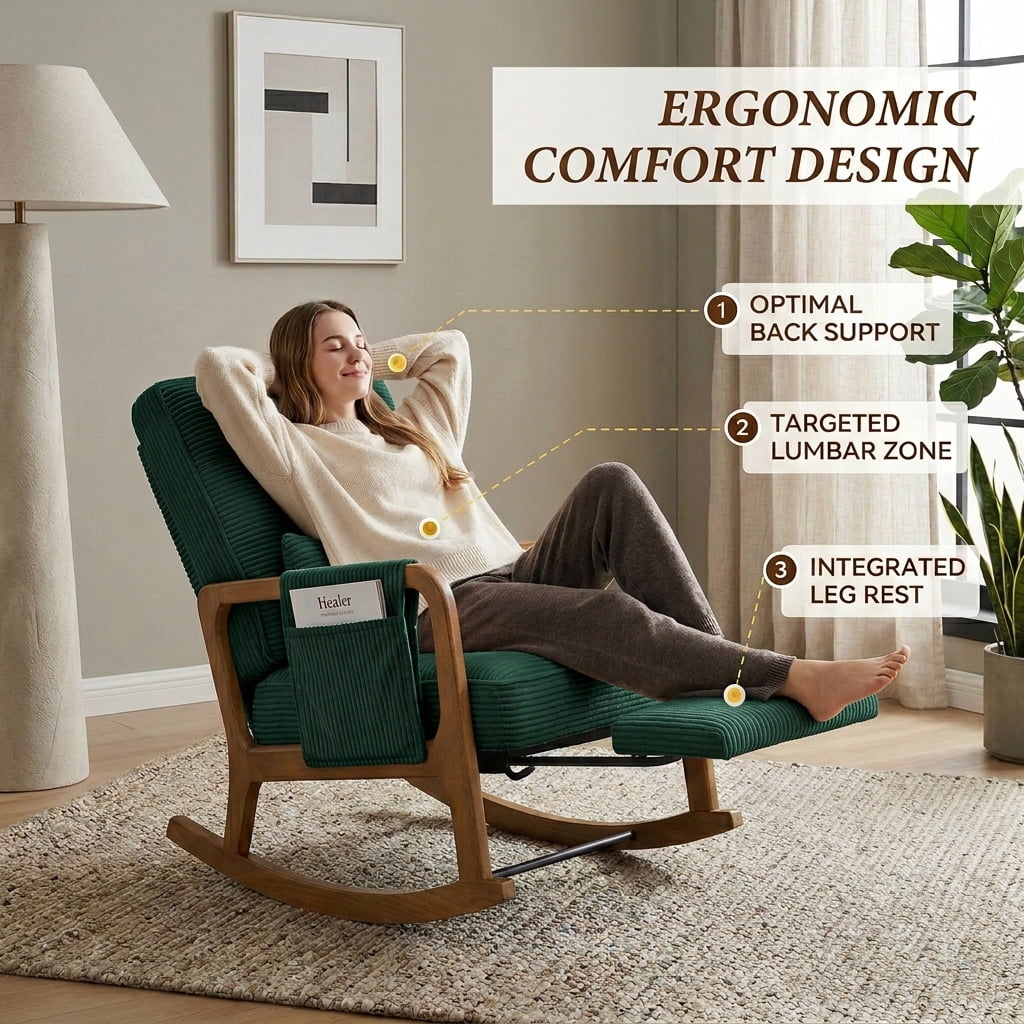 MOONMISS Rocking Chair with Footrest,Rocker Nursery Chair with Side Pocket,Glider Rocker,Accent Reading Chair for Living Room,Green