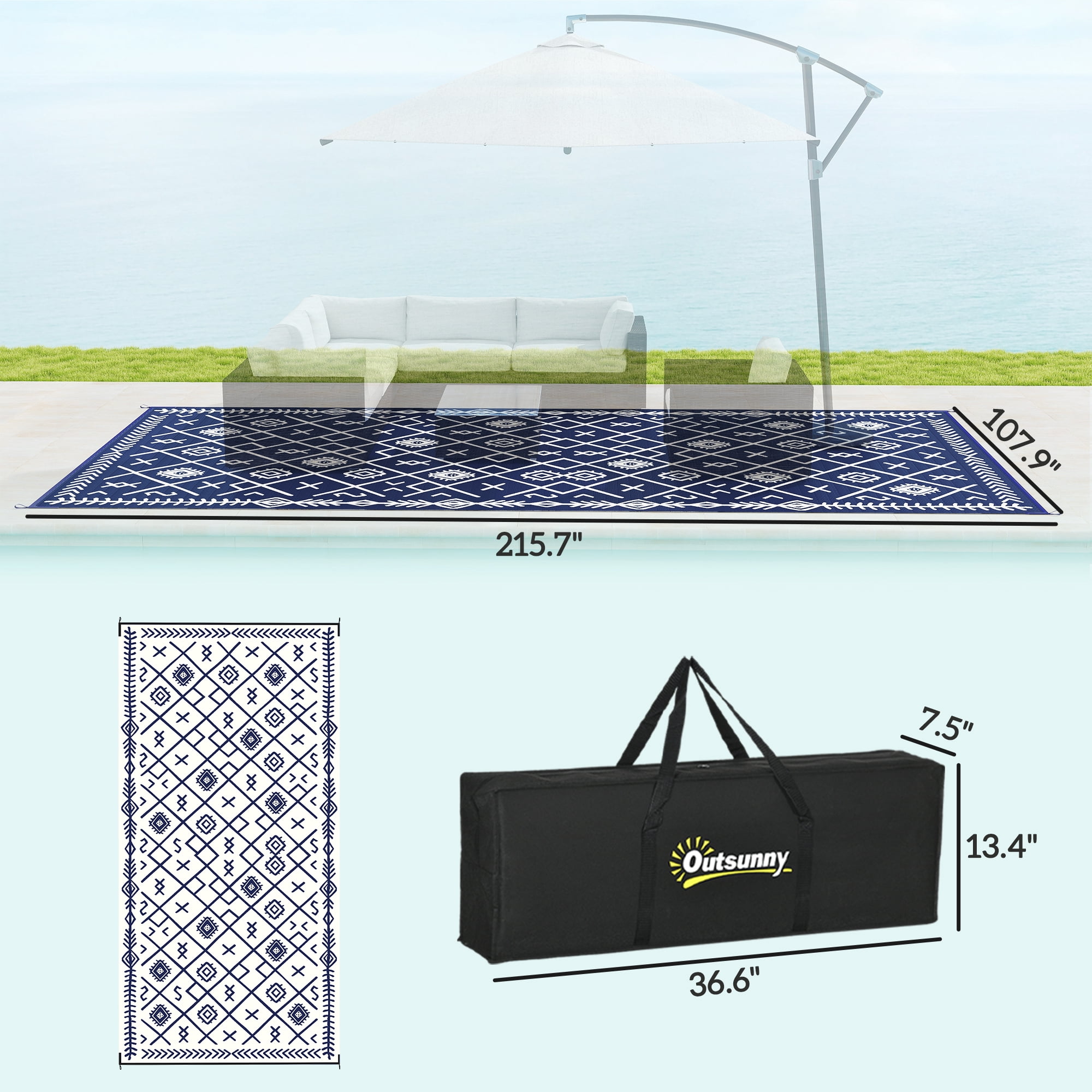 Outsunny Outdoor Patio Rug, Large Camping Carpet with Carrying Bag, 9' x 18' Waterproof Plastic Straw, Reversible, Blue & White Rhombus