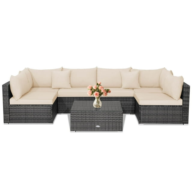 Gymax Set of 7 Rattan Furniture Set Sectional Sofa Cushioned Patio Mix Grey & Beige