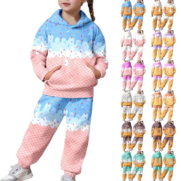 Kids Printed Hoodie Set - Pullover Hooded Sweatshirt & Matching Joggers, Fun & Comfy Casual Outfit for Boys & Girls Pink 140