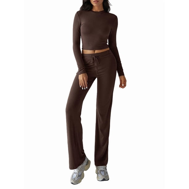 Conjuntos de 2 Piezas para Mujer, Larga, Cuello Redondo, Pantalones Acampanados de Cintura Alta, Conjuntos de Chándal, Ropa de Calle. Marrón XL