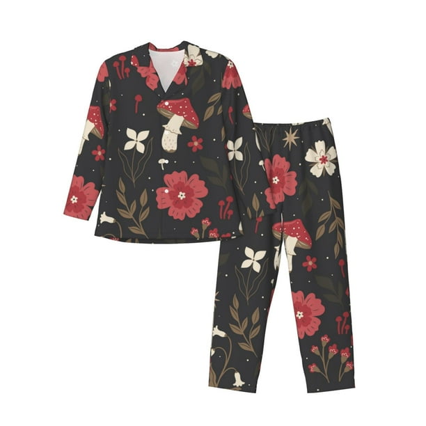 Fotbe Fly Agaric and Flowers Pijama de Hombre con Estampado de Manga Larga, Conjunto de 2 Piezas, Ropa de Dormir Suave y Cómoda con Bolsillos-Large