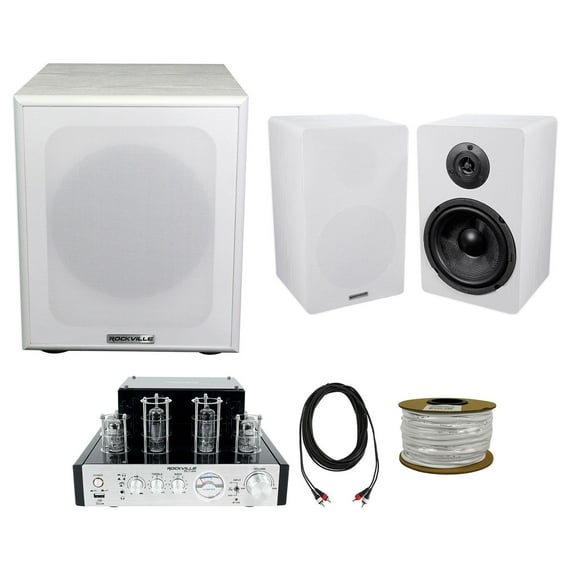 Rockville BluTube Amplifier Home Receiver 6.5" White Bookshelf Speakers 8" Sub