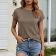 thumbnail image 2 of Rggeeun Womens Shirts Summer Knit Solid Color Smooth Short Sleeve Crew Neck Loose Soft Breathable for Everyday Use Simple Tshirts,Brown,S, 2 of 5