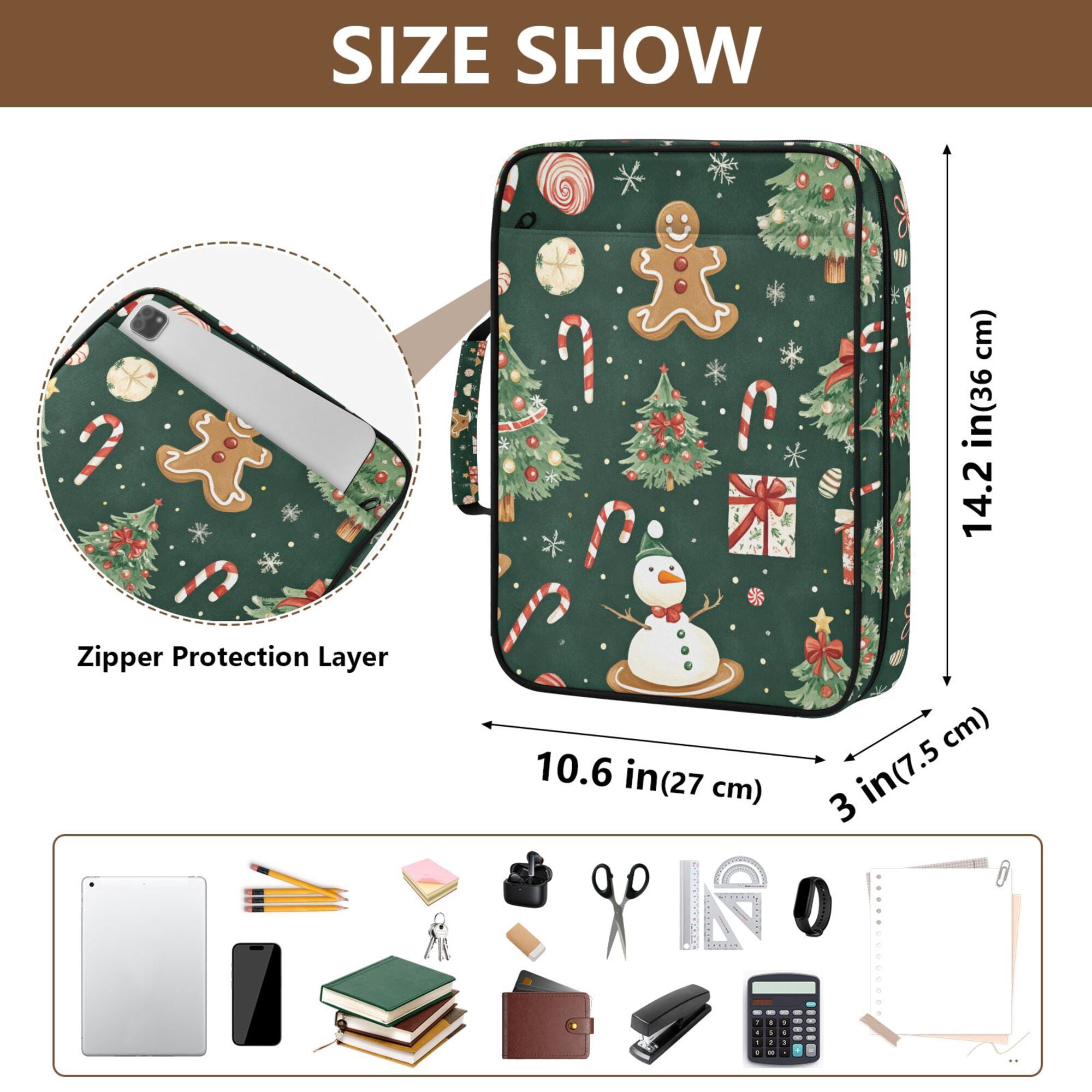 FORMRS Accordion File Folder A4 Size 7-Pocket Expanding Document Organizer Bag with 3 Ring Binder, Green Christmas Trees