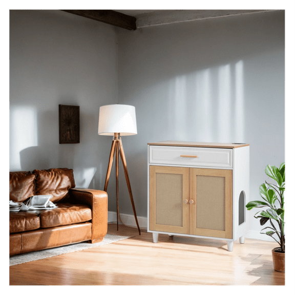 Cat Litter Box Furniture Modern Cabinet with Scratching Post & Charging Station - Indoor Pet House, White & Natural Beige White   MDF