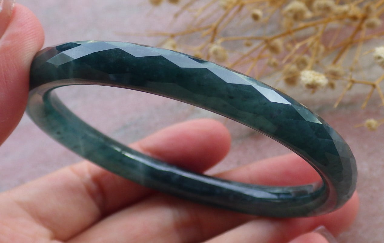 Green Natural A JADE Jadeite Dia Cut Circle Bangle Bracelet 58 mm 682679 TN