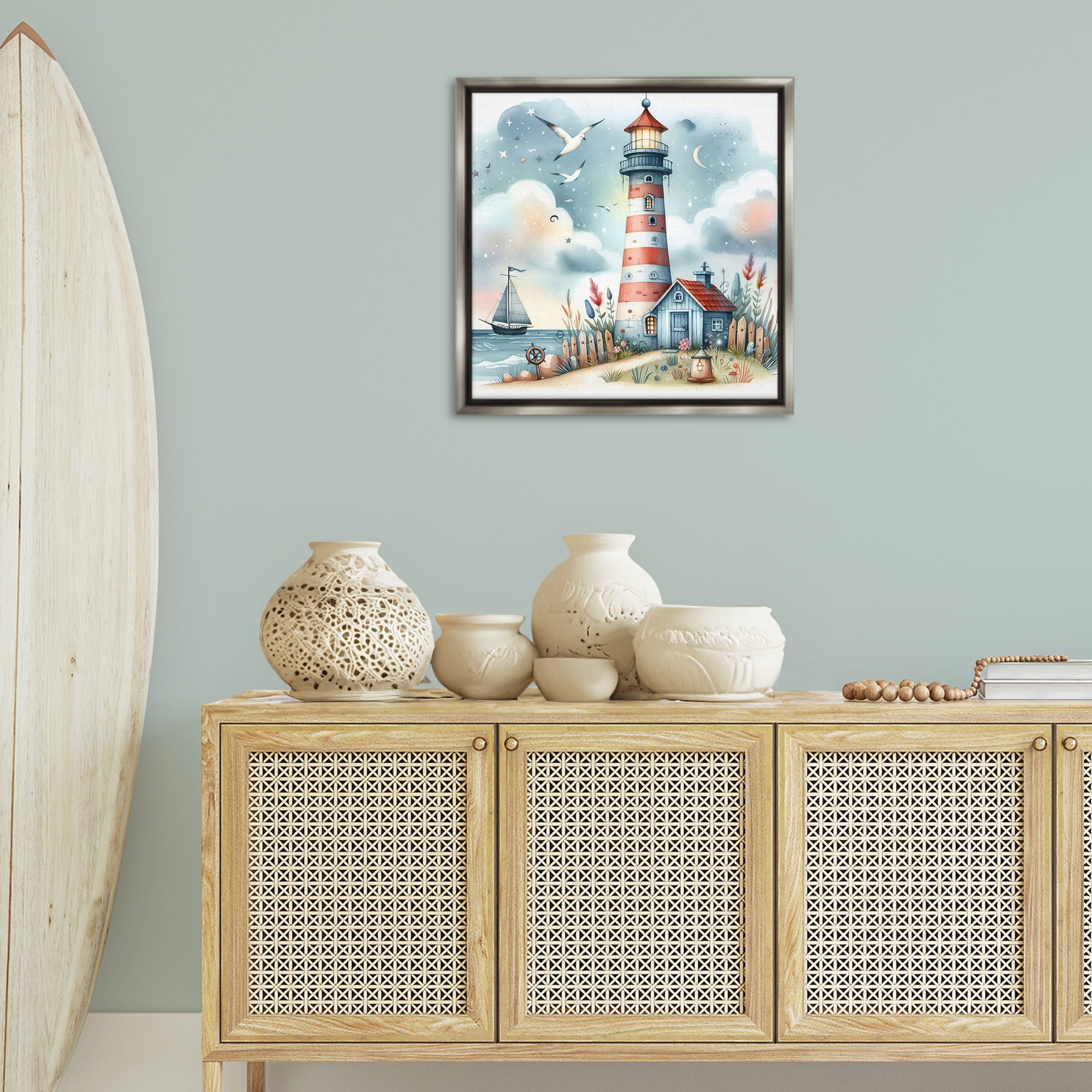Stupell Industries Fun Maritime Lighthouse Nautical & Beach Painting Gray Floater Framed Canvas Art Print Wall Art, 25 x 25