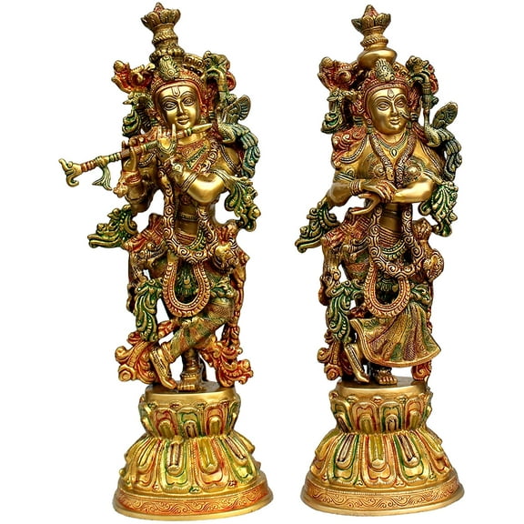 eSplanade - Radha Krishna - Pair of Radha Kishan Krishna Murti Idol Statue Sculpture - Brass - Big Size 21" - Colored