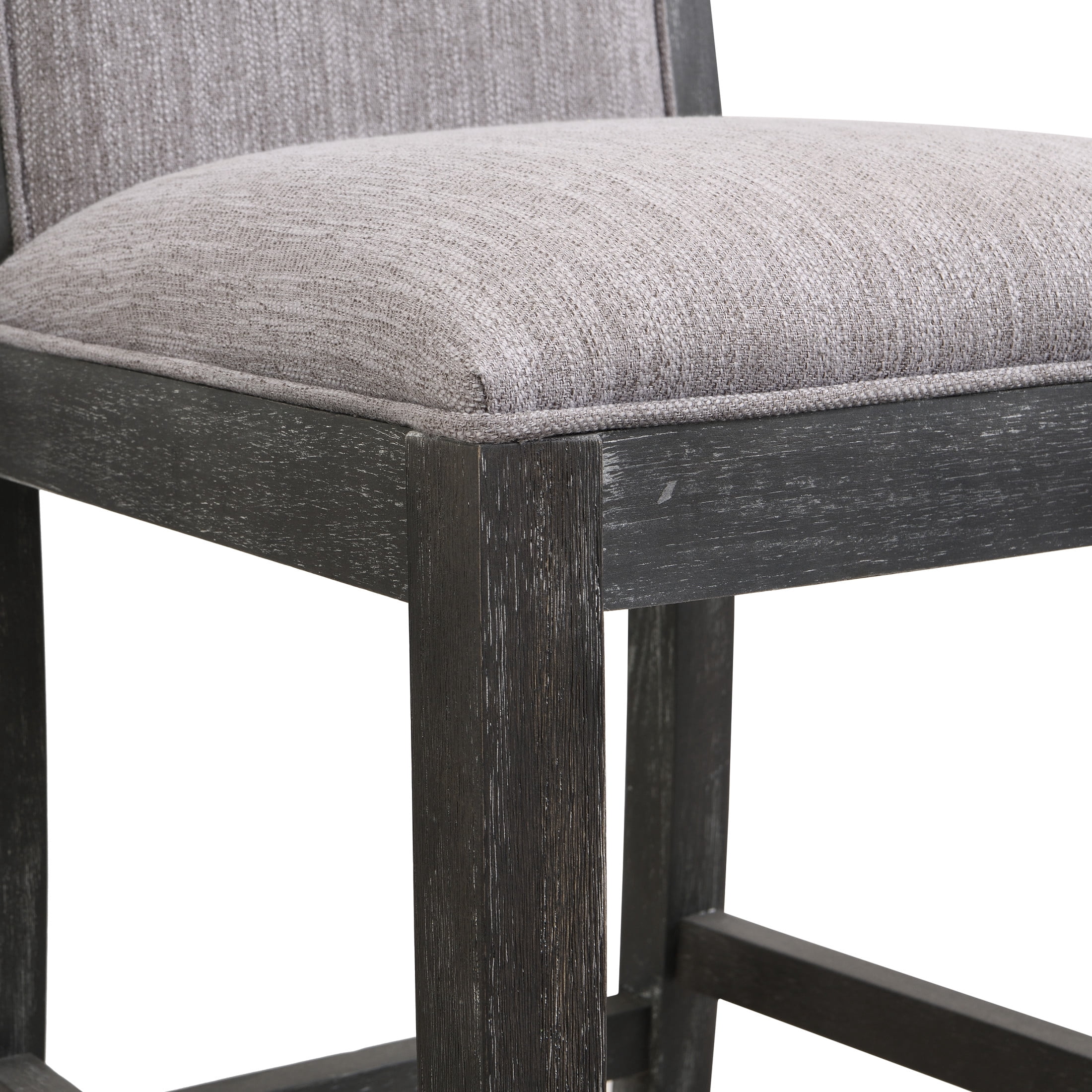 Retro Fabric Upholstered Counter Stools with Distressed Rubberwood Legs, Black+Grey, Set of 2