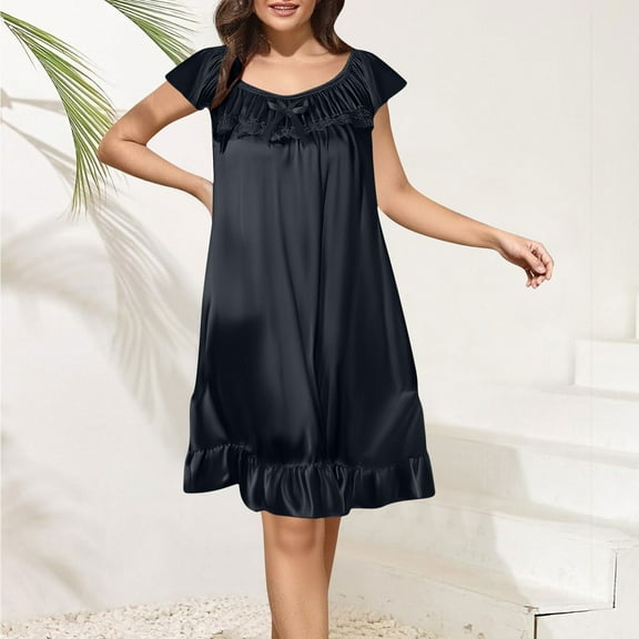 Sakmal Ruffle Moomoo Sleepwear for Women Black Silky Knee Length Casual Sleep Dress Short Sleeve Floral Nightgowns for Women