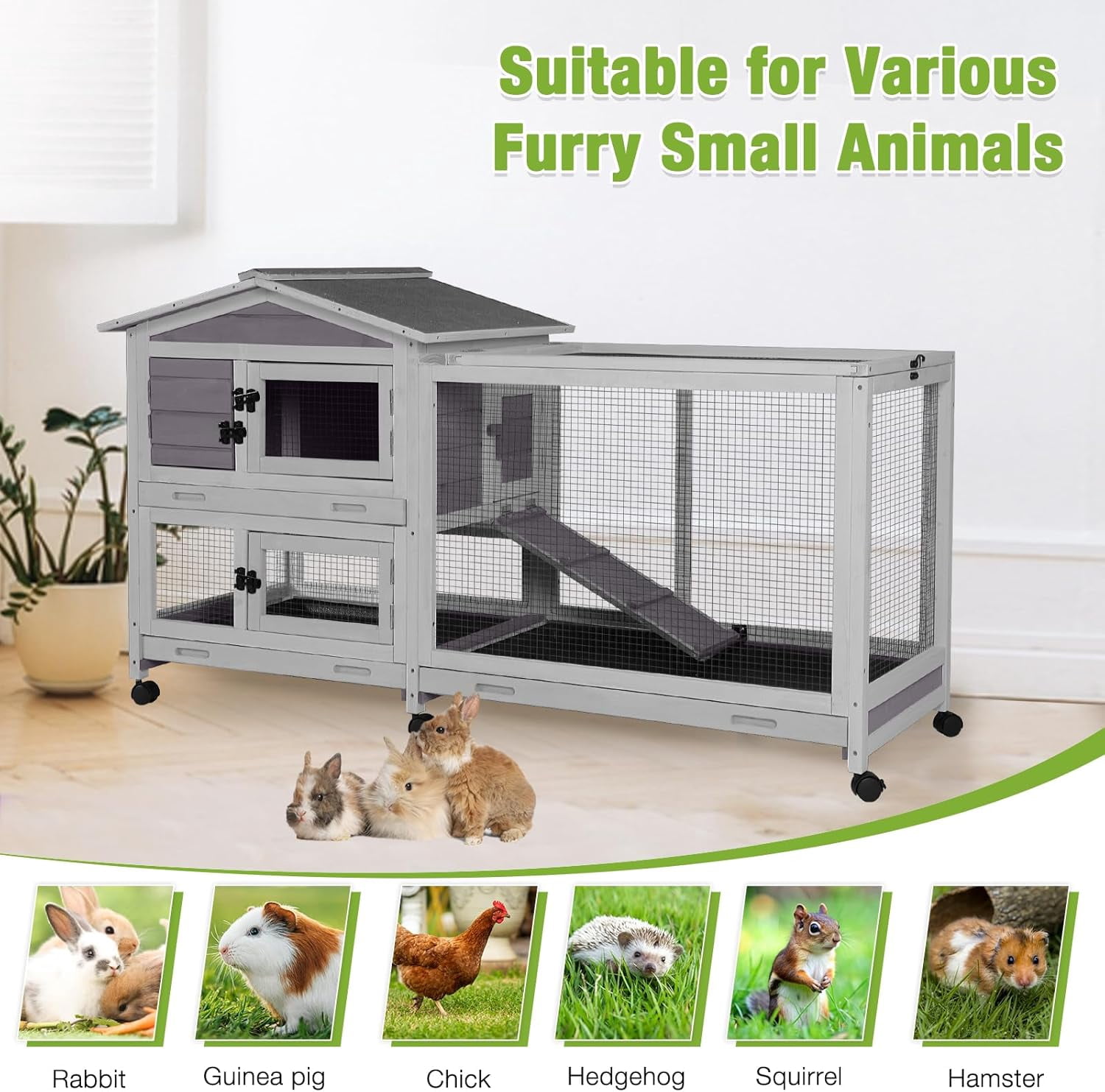 Aivituvin 2-Story Rabbit Hutch Indoor Large Bunny Cage with Chew-Proof Ramp - Wooden Rabbit Cage Outdoor with 6 Lockable Caster Wheels & Dual Pull-Out Trays for Rabbits, 62"L x 22.6"W x 33.5"H (Grey)